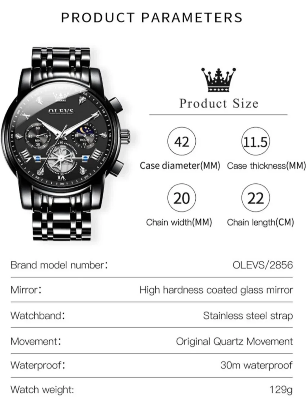 Men's Black Luxury Stainless Steel Analog Quartz Chronograph Waterproof Watch